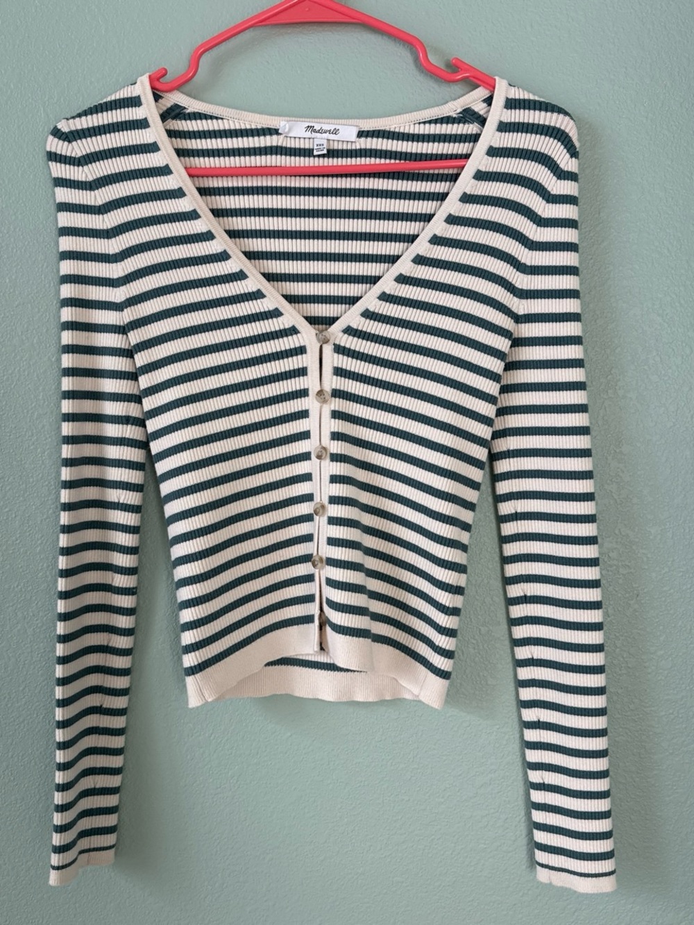 Madewell Cream & Forest Green Striped Ribbed Button-Up Cardigan